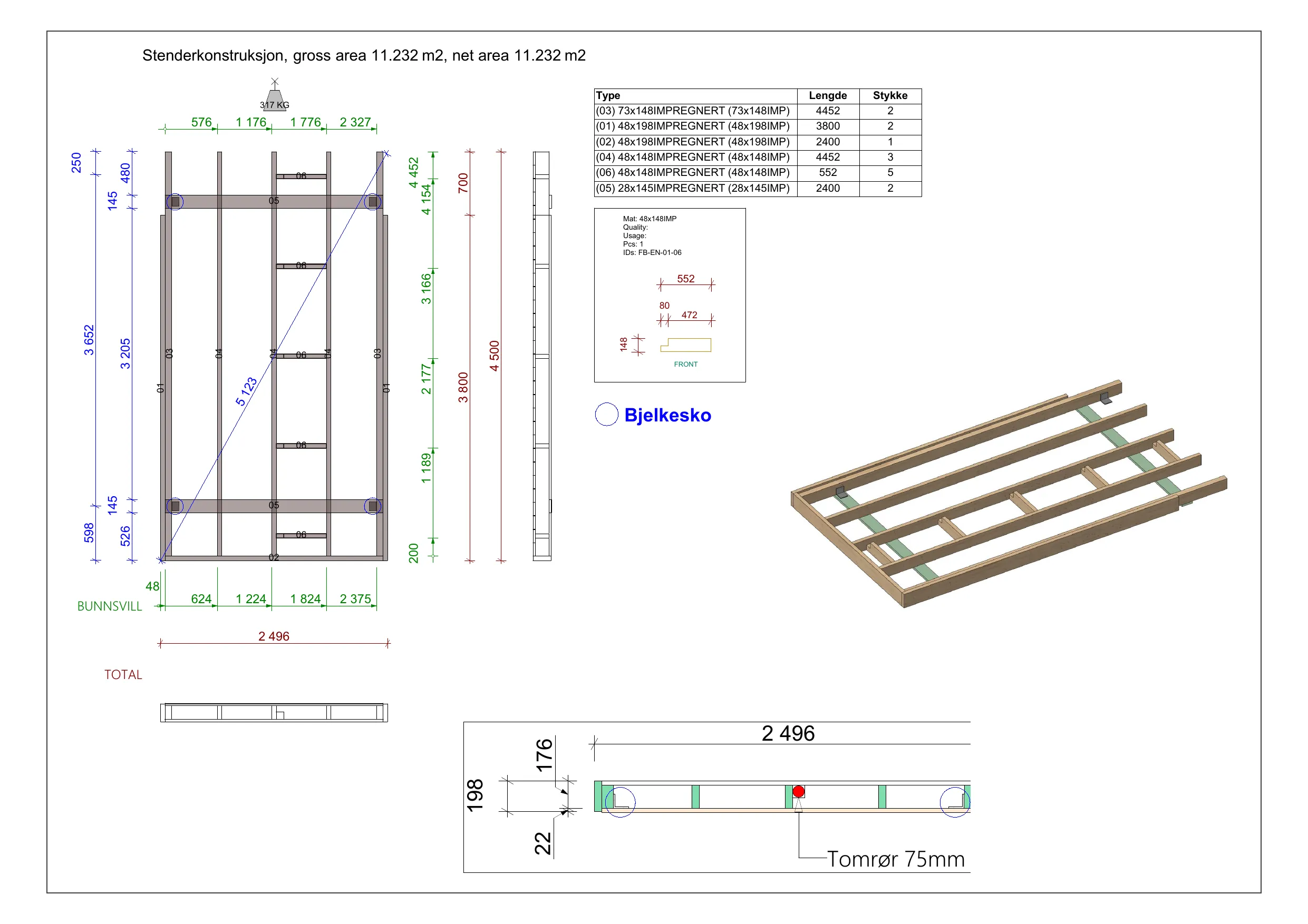 Arbeidstegning FB-EN-01, Ende — bjelkelag