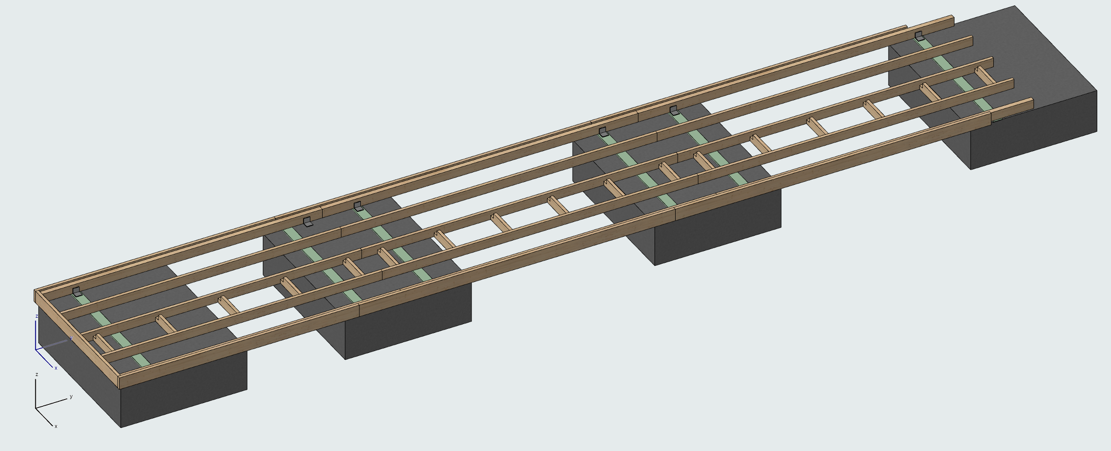 3D-modell av bjelkelag i tre montert over fire flyteelementer i betong.