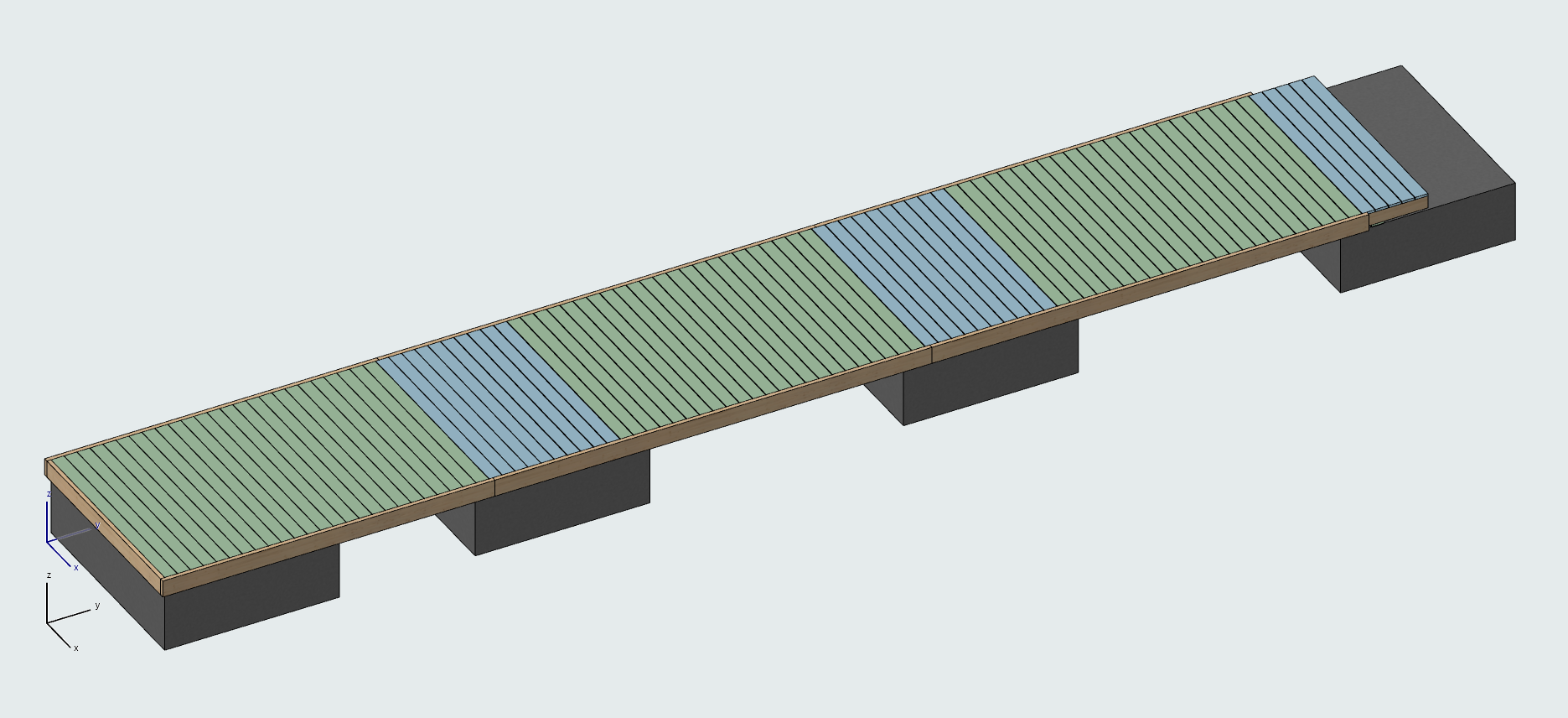 3D-modell av ferdig terrassedekke lagt på bjelkelaget.