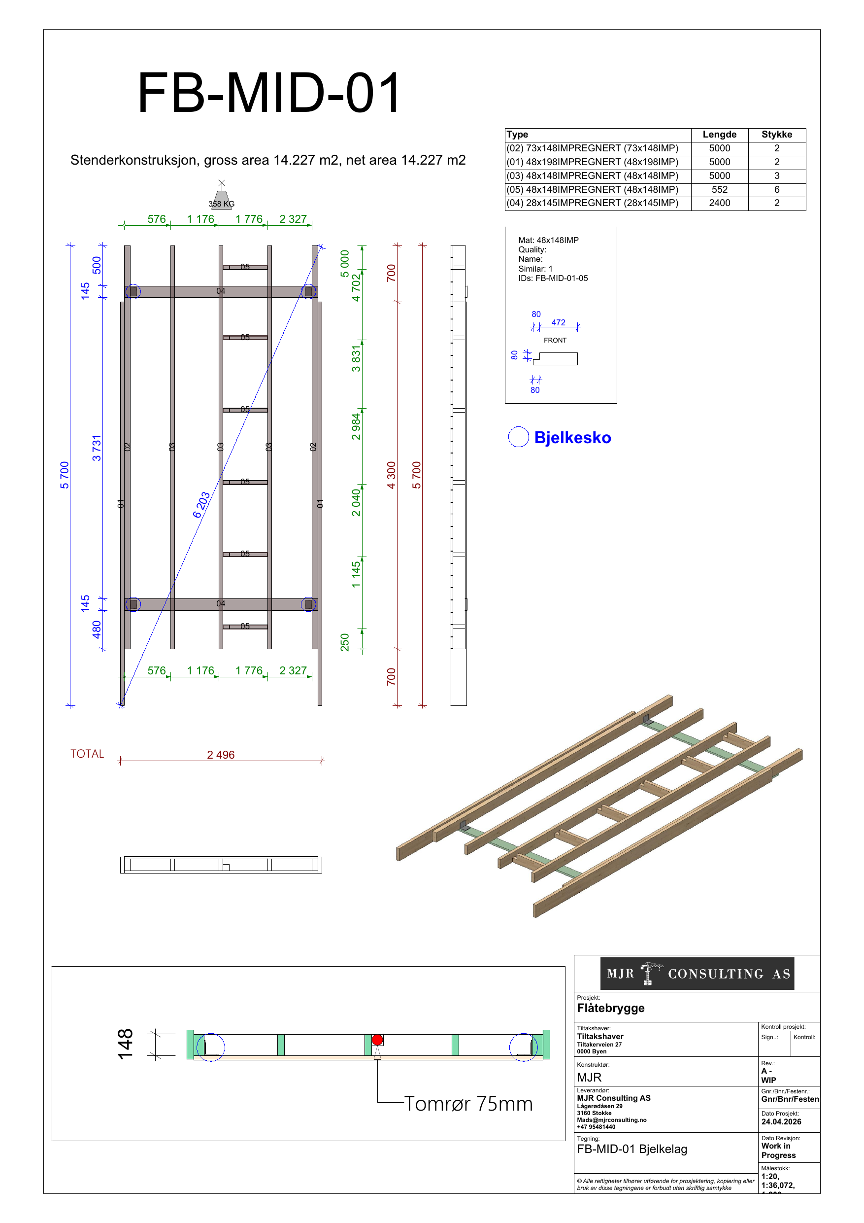 Arbeidstegning FB-MID-01, Midt — bjelkelag